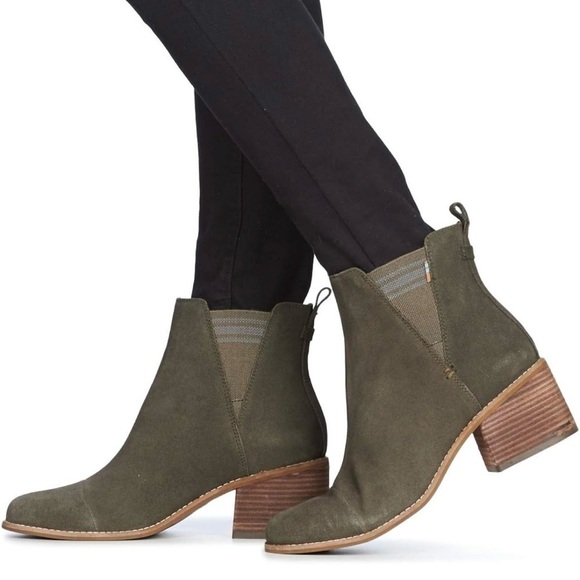 Toms Esme Tarmac Olive Green Suede Chelsea Heeled Boots Size 10 - Picture 2 of 12